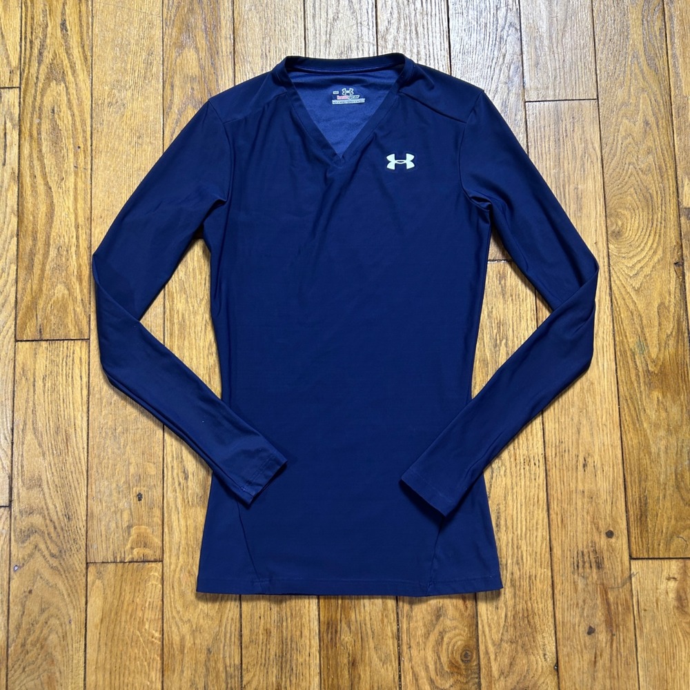 Under Armour HeatGear Long Sleeve Compression Shirt Navy Blue V-Neck Small